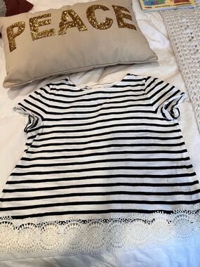 Sezane Black & White Striped Top with Lace Hem